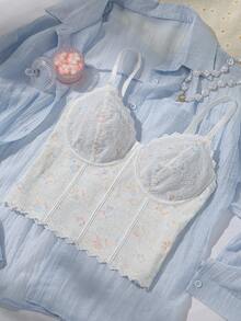 Myrelith French Floral Lace Camisole Bra, Fashionable Thin Seamless Wireless Undershirt - White - View 1