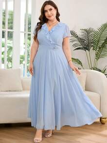 Reflora 大码女士优雅印花连衣裙，夏季婚礼宾客礼服 - 藍色 - 查看 2