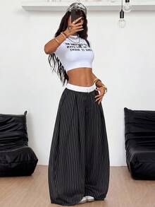 Coolane 女士夏季派对街头风性感休闲外出日常穿着返校条纹黑色低腰阔腿裤 - 黑色 - 查看 6