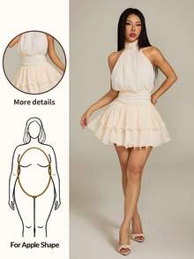 SHEIN PETITE 女士时尚百搭褶皱露背荷叶边下摆连衣裙 - 米色 - 查看 9