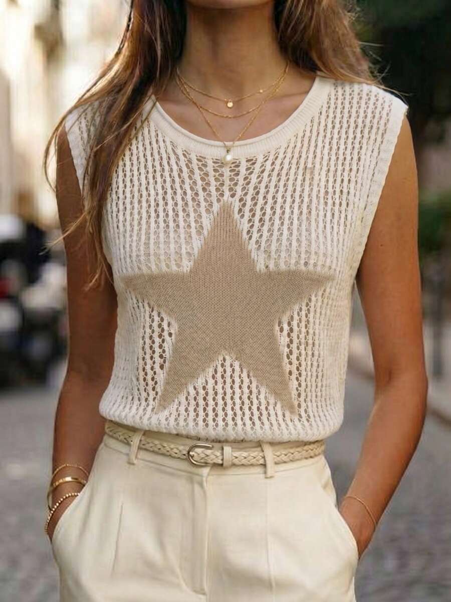 SHEIN Holidaya Áo hè mới, Áo dệt kim không tay màu trắng dành cho nữ - Cổ tròn, họa tiết ngôi sao cỡ lớn, chất liệu lưới, dáng rộng thoải mái, nét quyến rũ đường phố Y2K và phong cách boho thường ngày. - trắng - Xem 1