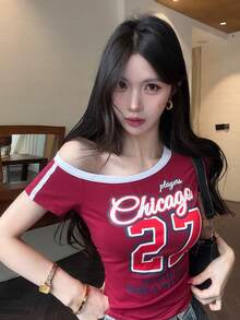 Joudiya 女款不對稱肩短袖休閒街頭風印花T恤，夏季開學學生百搭酒紅色圖案Y2K短袖上衣 - 酒紅色 - 查看 9