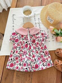 SHEIN 新生兒連身休閒簡約寬鬆卡通圖案圓領短袖洋裝，適合夏季 - 白色 - 查看 2