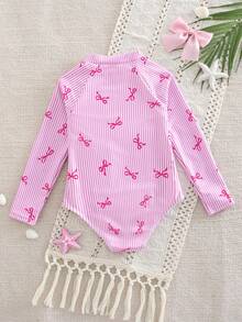 SHEIN Young Girl Stand Collar Raglan Sleeve One-Piece Butterfly Print Swimsuit  Girl Butterfly & Striped Holiday One-Piece Swimsuit With Shorts,Zipper Front - Multicolor - View 8