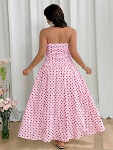GalTyme Plus Size Women Polka Dot Ruched Bandeau Casual Party Dress - Pink - View 5