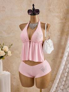 Bellisia 26SS Spring/Summer Beach Vacation Rhinestone Floral Black Tankini Swimwear (Top & Bottom) - Baby Pink - View 3