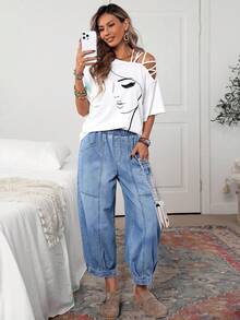 SHEIN Tall Jeans casuales versátiles con bolsillos y corte cónico para mujeres altas - Azul - Ver 5