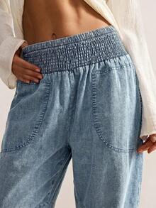 Bohemela Plus Size Women Casual Solid Color Drawstring Waist Pants - Blue - View 5