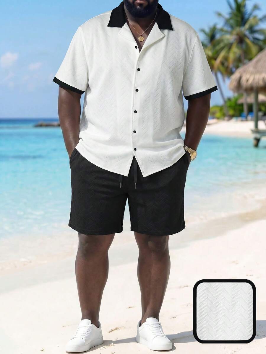 ResortEase Plus Size Men's Casual Colorblock Shirt And Shorts Set, Summer - Multicolor - View 1