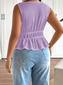 Lounesse Plus Size Solid Color V-Neck Tie Strap Ruffle Hem Summer Tank Top - Purple - View 2