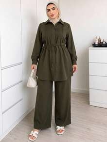 Solavon Plus Size Solid Color Long Sleeve Top And Long Pants 2 Pieces Set Elegant - Army Green - View 1