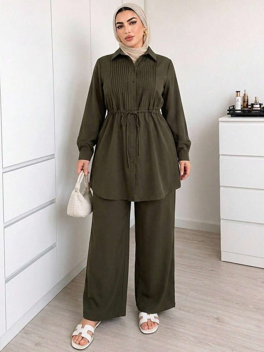 Solavon Plus Size Solid Color Long Sleeve Top And Long Pants 2 Pieces Set Elegant - Army Green - View 1