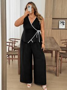 SHEIN CURVE+ Plus Size Women Textured Tie-Front Contrast Color Shirt And Minimalist Casual Loose Wide-Leg Pants Set Vacation Black Summer - Black - View 4