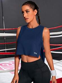 Powerista Casual Versatile Sleeveless Solid Color Side Burn-Out Front Letter Print Design Sports T-Shirt - Navy Blue - View 3