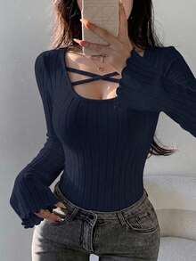 DAZY Cross Detail Long Sleeve T-Shirt - Navy Blue - View 7