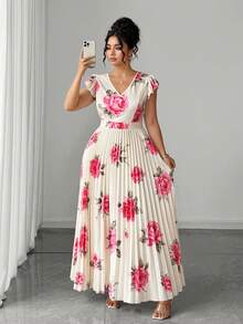 Elenzga Đầm maxi cỡ lớn in hoa hồng cho nữ, đầm dài xếp ly cổ chữ V bồng bềnh thanh lịch, đầm dạ hội dự tiệc cưới, đầm maxi xếp ly hoa cỡ lớn thanh lịch, đầm màu kem nền in hoa hồng hồng cổ chữ V bồng bềnh, thích hợp cho tiệc cô dâu/kỳ nghỉ biển/tiệc cocktail. - Hồng - Xem 6