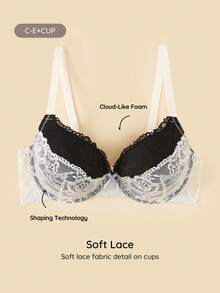 Bralution Soutien-gorge push-up à armatures avec dentelle romantique contrastée pour femmes grandes tailles - Noir et Blanc - Voir 2