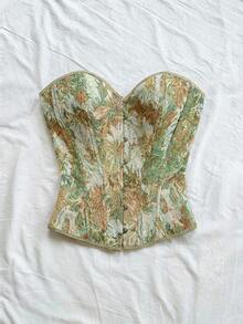 Soleia Áo croptop quây ngực kiểu cung đình cổ điển dành cho nữ, in họa tiết hoa jacquard nhiều màu sắc, có cúc và dây buộc phía sau. - màu xanh lá - Xem 5