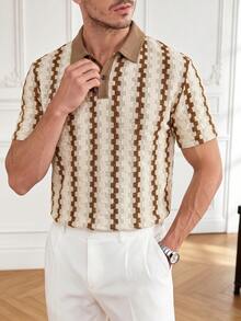Core Aspect Men's Colorblock Polo Shirt, Vintage Geometric Jacquard Casual Top/Men's Casual Commuting Color Block Short Sleeve Polo Shirt - Khaki - View 2