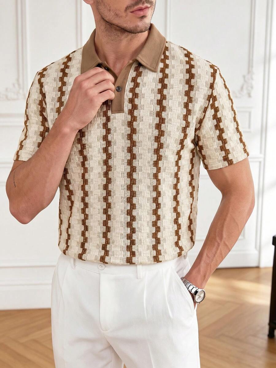 Core Aspect Men's Colorblock Polo Shirt, Vintage Geometric Jacquard Casual Top/Men's Casual Commuting Color Block Short Sleeve Polo Shirt