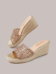 Styleloop Giày nữ, màu vàng đồng, giày dệt từ dây gai dầu và rơm, sandal đế xuồng, giày giúp tăng chiều cao, phong cách bohemian cho kỳ nghỉ. - Vàng - Xem 9