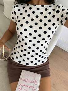 CovetEZ Casual Minimalist Sexy Off-Shoulder Black Polka Dot Short Sleeve T-Shirt, Suitable For Spring/Summer, Cream Striped Design Makes You Look More Radiant - Multicolor - View 3