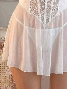 Crystal Vow Plus Size Bridal Series Sheer Mesh Patchwork Satin Contrast Lace Floral Decor Underwire Supportive Lingerie Dress With G-String 2pcs Set - White - View 9
