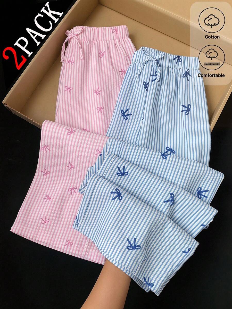 SHEIN 2件組少女編織條紋蝴蝶結圖案寬鬆休閒長褲套裝 - 彩色 - 查看 1