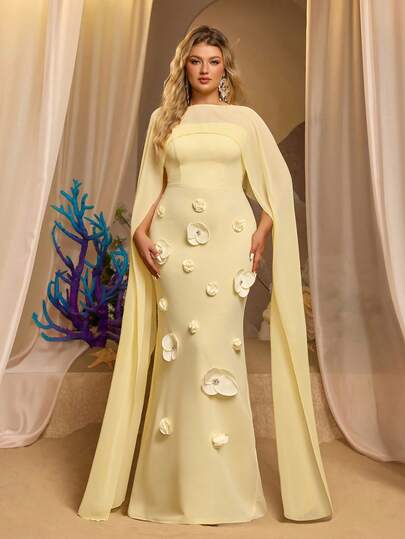 Glamrae Elegant Mustard Yellow Elastic Knit Strapless High Waist Straight Dress, Luxurious Romantic Handcrafted 3D Floral Decor (Detachable Extra Long Chiffon Scarf), Suitable For All Formal Occasions: Weddings, Singles Parties, Vacations, Dates, Ladies Evening Gowns