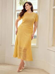 MOTF PREMIUM PLUS SIZE WOMEN CASUAL VACATION SIMPLE SOLID COLOR SHORT SLEEVE SWEATER TOP AND SKIRT SET FALL - Yellow - View 5
