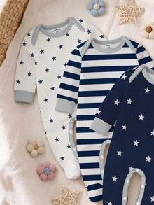 SHEIN [1 Set Random] Newborn Romper, Cartoon Star & Striped Print Pattern, Soft Skin-Friendly Fabric, Long Sleeve Round Neck Button-Down Design, Convenient Wear, Suitable For Home, Leisure, Daily Outings, All Seasons - Multicolor - View 5