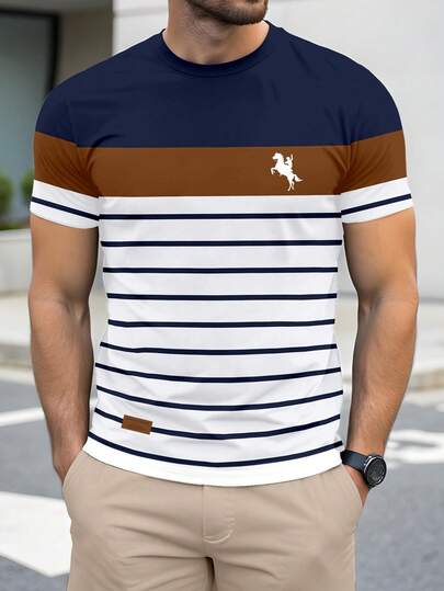 Solurane Minimalist Contrast Color Striped Patchwork Western Cowboy Silhouette Print Slim Fit Short Sleeve T-Shirt, Fashionable Casual Outfit Essential For Dates And Gatherings, Gift For Boyfriend
