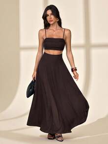 SHEIN Tall Lễ hội âm nhạc mùa hè mới, Lễ Phục sinh, Ngày Thánh Patrick, Phong cách miền Tây, Phong cách du mục, Tiệc sinh nhật, Lễ tốt nghiệp, Sinh viên, Trang phục hàng ngày, Thường ngày, Kỳ nghỉ, Du lịch tàu biển, Bãi biển, Tắm nắng, Thời trang, Bèo nhún, Dây đeo mảnh, Dệt kim, Tre, Vải lanh, Màu kaki Bộ 2 mảnh nữ màu nâu sô cô la Bộ 2 mảnh áo croptop và chân váy màu nâu - màu nâu - Xem 1