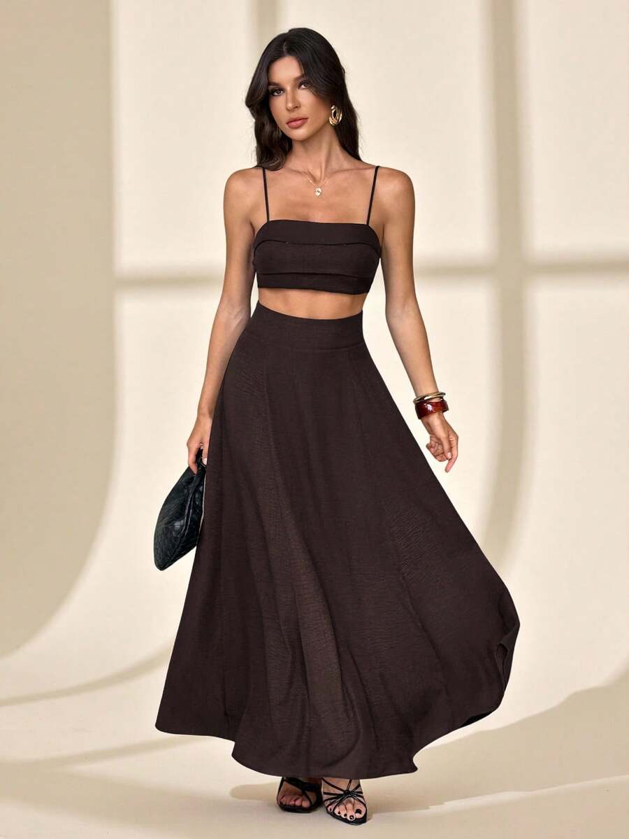 SHEIN Tall Lễ hội âm nhạc mùa hè mới, Lễ Phục sinh, Ngày Thánh Patrick, Phong cách miền Tây, Phong cách du mục, Tiệc sinh nhật, Lễ tốt nghiệp, Sinh viên, Trang phục hàng ngày, Thường ngày, Kỳ nghỉ, Du lịch tàu biển, Bãi biển, Tắm nắng, Thời trang, Bèo nhún, Dây đeo mảnh, Dệt kim, Tre, Vải lanh, Màu kaki Bộ 2 mảnh nữ màu nâu sô cô la Bộ 2 mảnh áo croptop và chân váy màu nâu - màu nâu - Xem 1