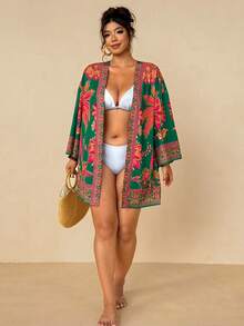 Travachic Đồ mặc resort phong cách Boho cho nữ | Áo khoác cardigan kimono họa tiết hoa nhiệt đới màu xanh đậm - Áo khoác ngoài che bãi biển dáng rộng tay rộng dài vừa - màu xanh lá - Xem 7
