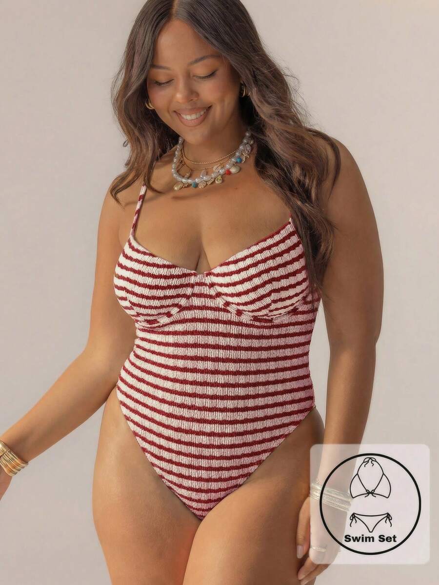 Aralina Traje de baño de una pieza con aros, textura a rayas, lindo y para curvas, para mujer, para vacaciones - Multicolor - Ver 1