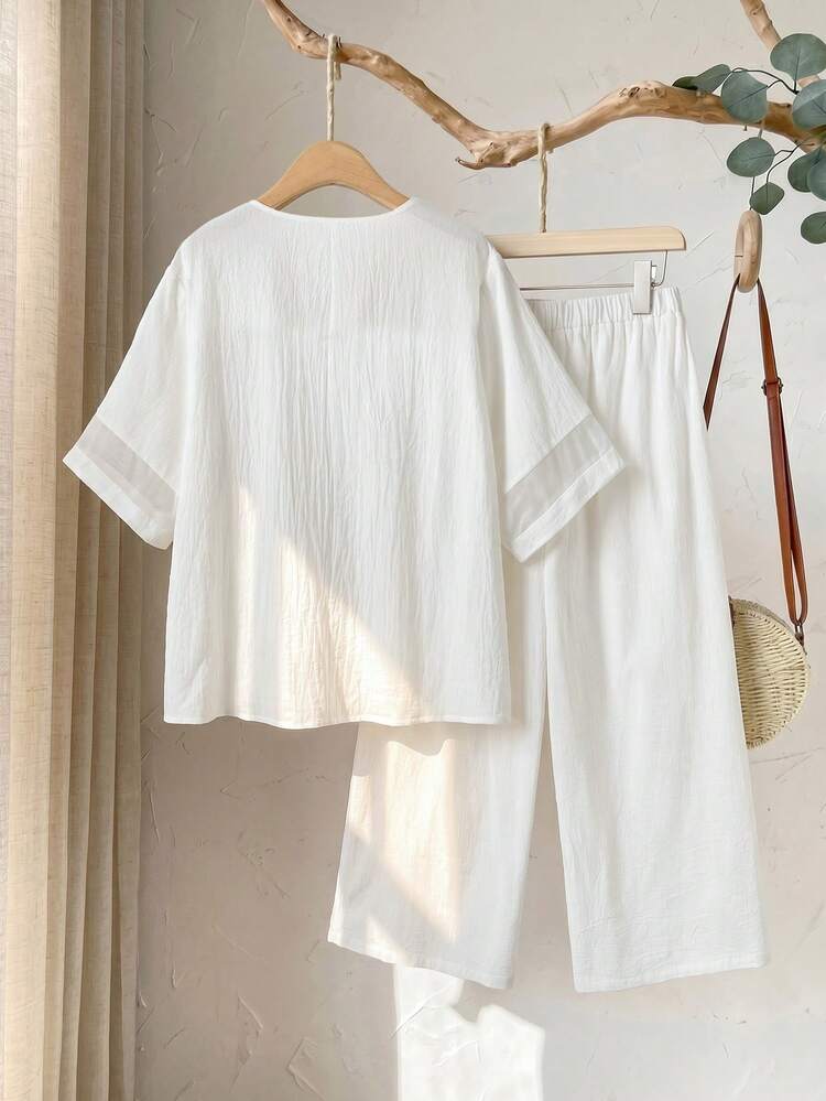 Plus Size Women V-Neck Short Sleeve Shirt And Pants Casual 2 Pieces Set