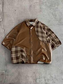 AXEPEAK Áo sơ mi nam họa tiết kẻ caro, cài nút trước, dáng rộng thoải mái, tay ngắn - Màu Khaki - Xem 1