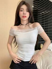 DAZY Women's Off Shoulder Tight T-Shirt - White - View 5