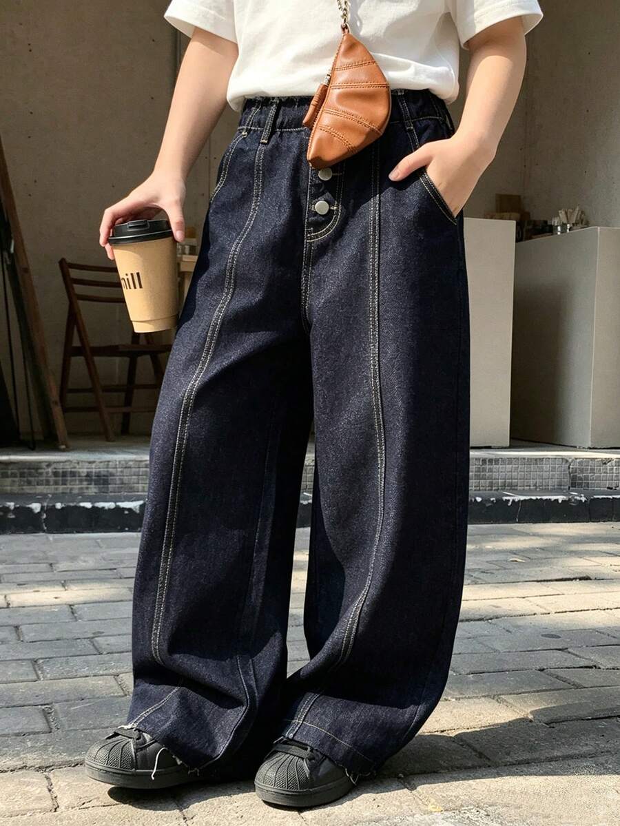 DAZY Quần jeans thường ngày trơn, túi xéo, dành cho bé trai tuổi teen. - Màu xanh hải quân - Xem 1