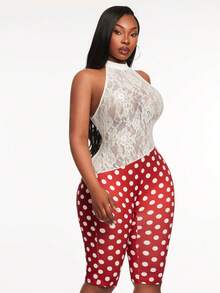 SHEIN SXY Jumpsuit Halter Seksi Motif Polkadot Renda untuk Wanita Ukuran Plus - MultiWarna - View 8
