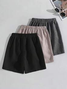 SHEIN 3件套儿童/青少年男童休闲日常舒适贴布装饰直筒宽松短裤，3种不同款式 - 黑色 - 查看 2