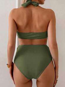 Swim Vcay Maternity Beach Vacation Solid Color Halter Bikini Set - Green - View 2