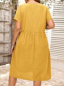 EMERY ROSE Vestido casual de verano versátil, de talla grande, de unicolor, cuello redondo, manga corta, plisado y holgado - Amarillo - Ver 2
