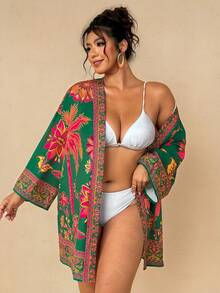 Travachic Đồ mặc resort phong cách Boho cho nữ | Áo khoác cardigan kimono họa tiết hoa nhiệt đới màu xanh đậm - Áo khoác ngoài che bãi biển dáng rộng tay rộng dài vừa - màu xanh lá - Xem 4