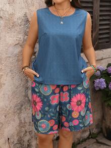 EMERY ROSE Plus Size Women Casual Tank Top & Printed Shorts 2 Pieces Set - Multicolor - View 1
