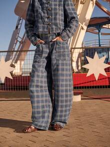 Nöista Blue Plaid Barrel-Leg Trousers With Patch Pockets And Relaxed Shape. Ideal For Travel, Casual Chic Styling And Everyday Fall Winter Outfits. - Blue - View 2
