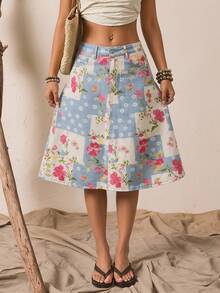 Jeanoix BOHO Patchwork Floral Pattern Washed Denim A-Line Skirt - Multicolor - View 3