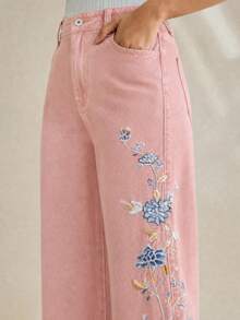 Anewsta 女款優雅通勤夏季套裝，刺繡花卉側邊設計直筒粉色牛仔褲，適合通勤、度假和日常穿著 - 粉色 - 查看 7