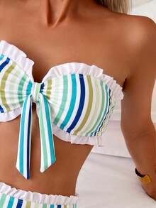 Swim Mod Spring/Summer Beach Vacation Striped Print 2 Pieces Set, Ruched Neckline, Ruffled Hem Pants - Multicolor - View 6